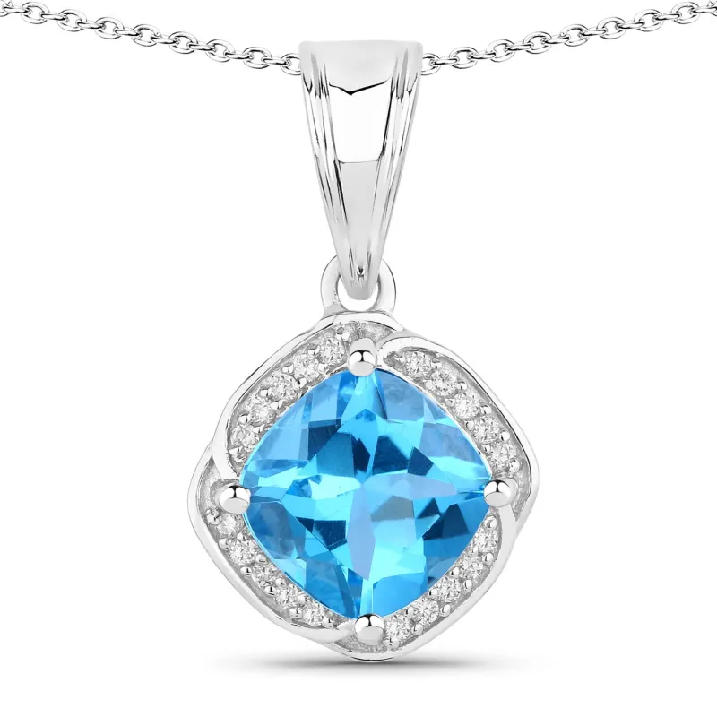 Genuine Swiss Blue Topaz and Lab Diamond Silver Cushion Cut Halo Necklace made by Zulily