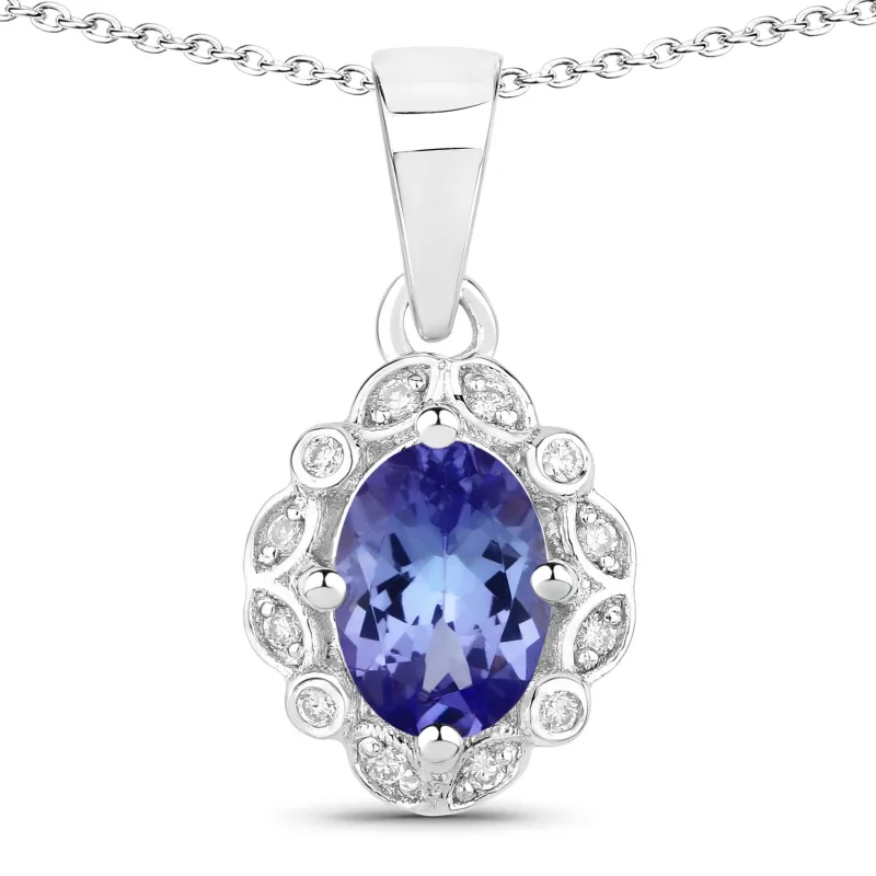 Genuine Oval Tanzanite and Lab Diamond Silver Halo Statement Necklace made by Zulily