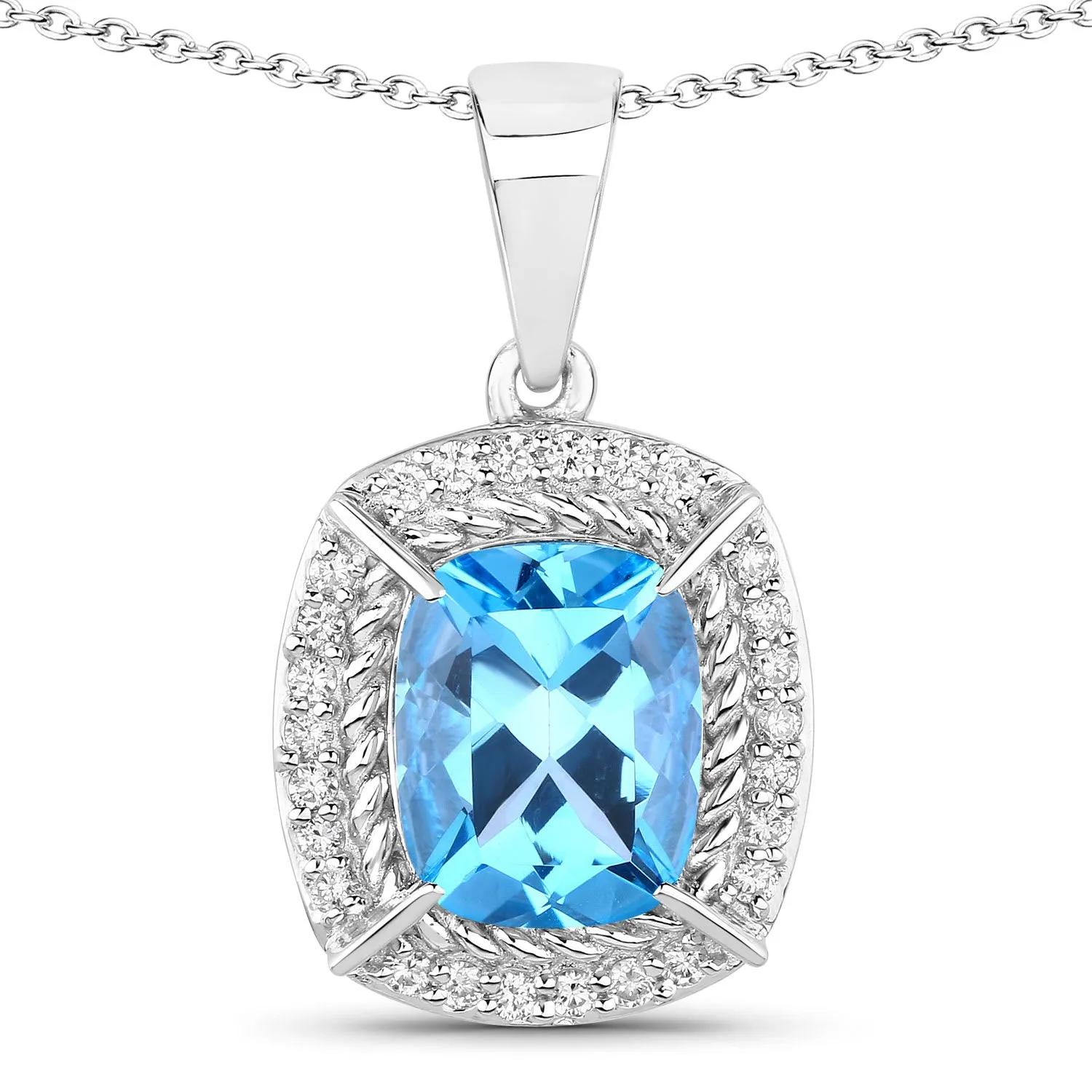 Genuine Swiss Blue Topaz and Lab Diamond Silver Halo Necklace sold by Zulily