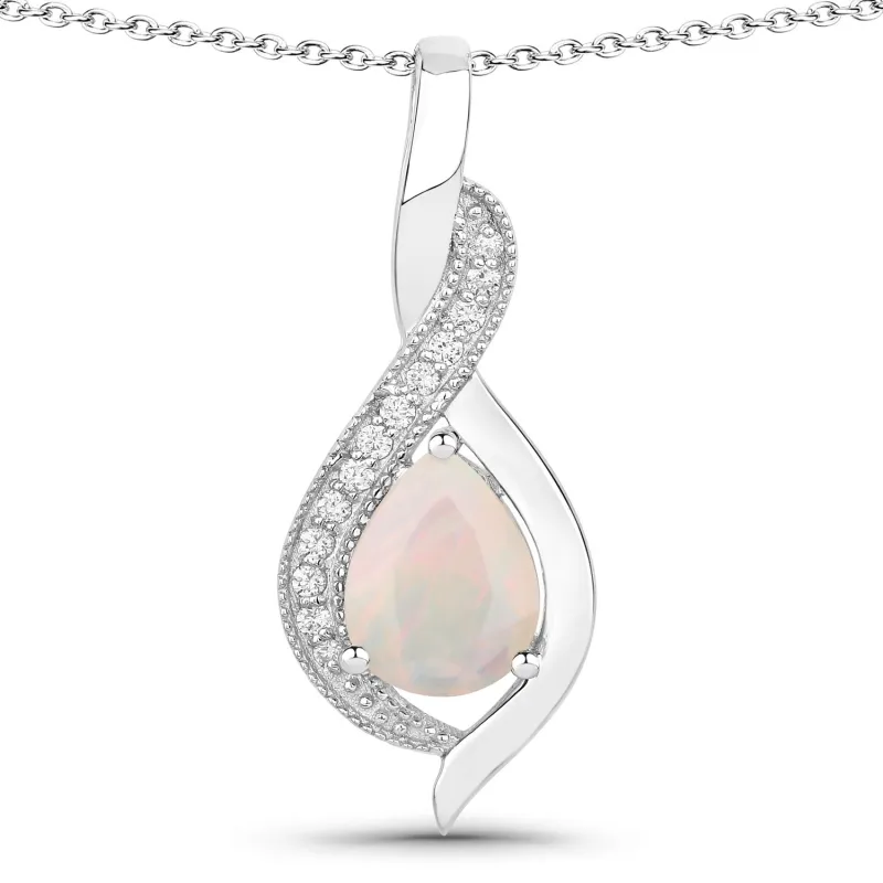 Genuine Ethiopian Opal and Lab Diamond Silver Teardrop Crossover Pendant Necklace made by Zulily