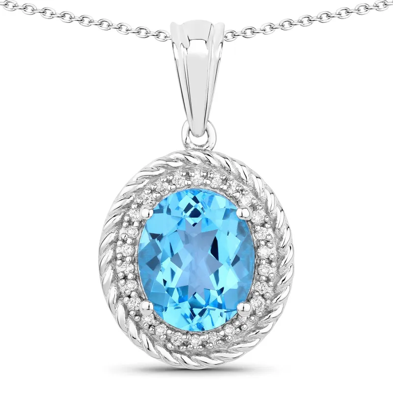 Genuine Swiss Blue Topaz and Lab Diamond Silver Oval Halo Necklace made by Zulily