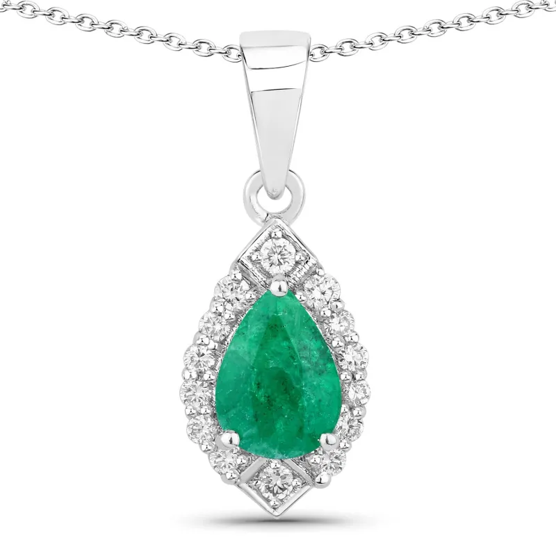 Genuine Zambian Emerald and Lab Diamond Silver Teardrop Halo Necklace made by Zulily