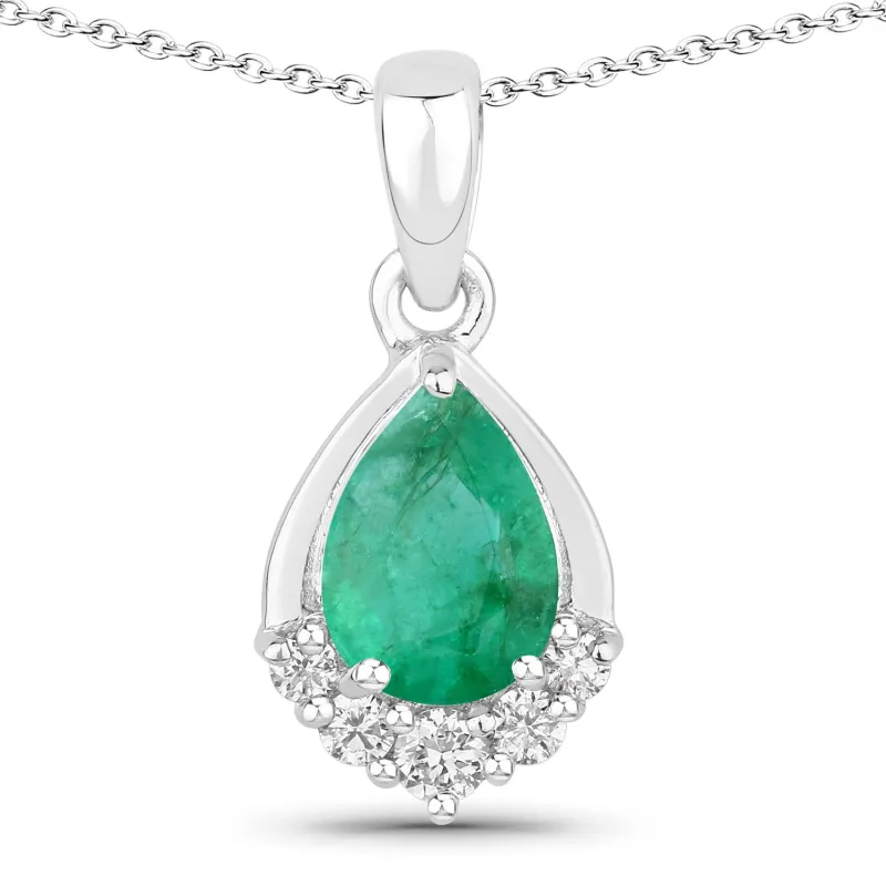 Genuine Zambian Emerald and Lab Diamond Silver Teardrop Pendant Necklace made by Zulily