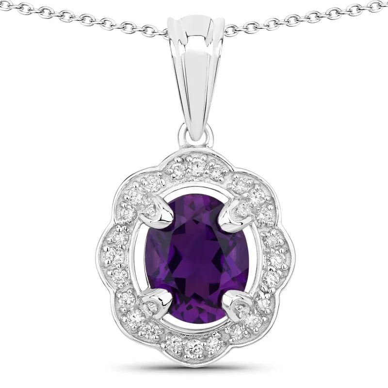 Fine Color Jewels 2.52 Ct Genuine Amethyst and Lab Grown Diamond Silver Halo Statement Necklace made by Zulily