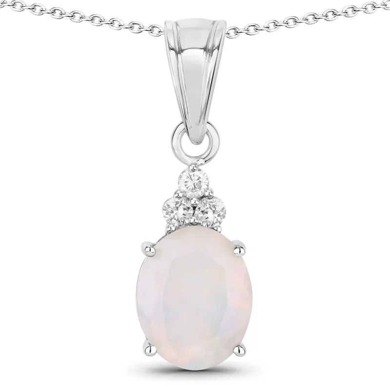 Fine Color Jewels 1.68 Ct Genuine Ethiopian Opal and Lab Diamond Silver Oval Cocktail Necklace made by Zulily