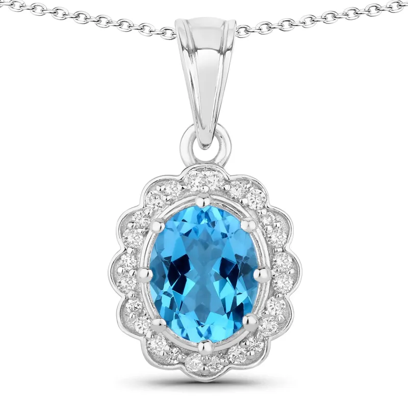 Genuine Oval Swiss Blue Topaz and Lab Diamond Silver Halo Bold Pendant Necklace made by Zulily