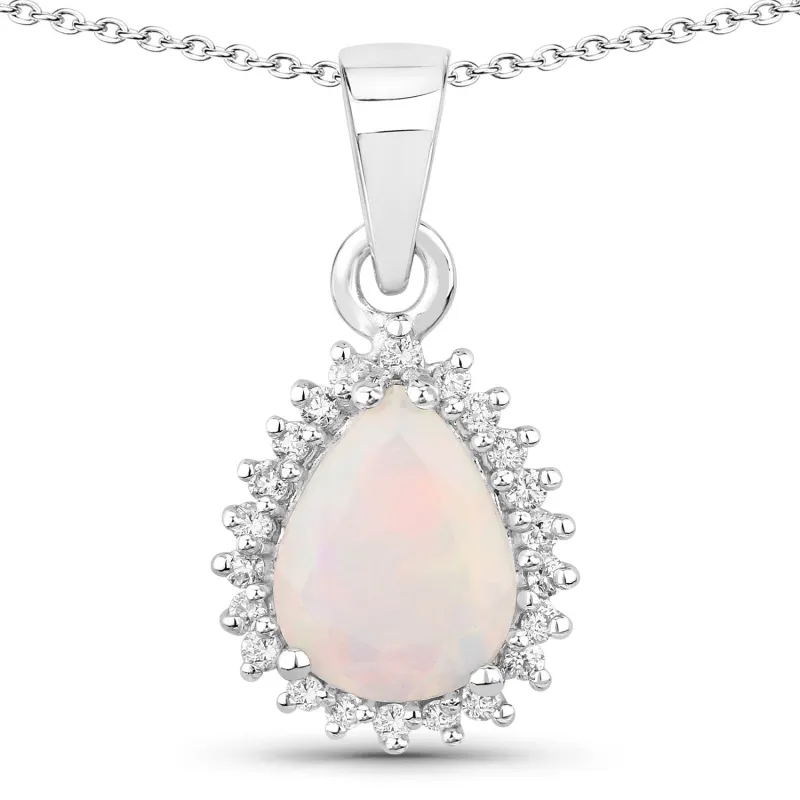 Genuine Ethiopian Opal and Lab Diamond Silver Teardrop Halo Necklace made by Zulily
