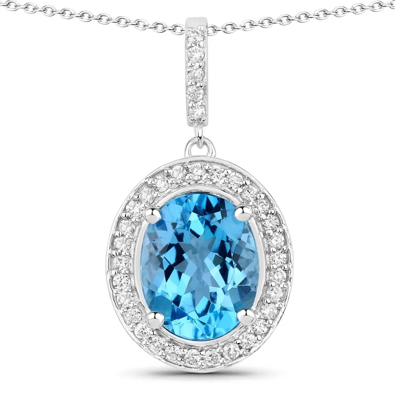 Genuine Swiss Blue Topaz and Lab Diamond Silver Halo Bold Pendant Necklace made by Zulily