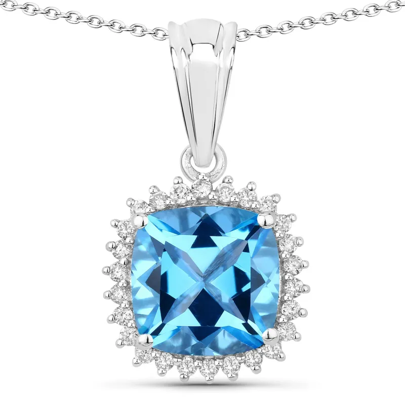 Genuine Swiss Blue Topaz and Lab Grown Diamond Sterling Silver Halo Necklace made by Zulily