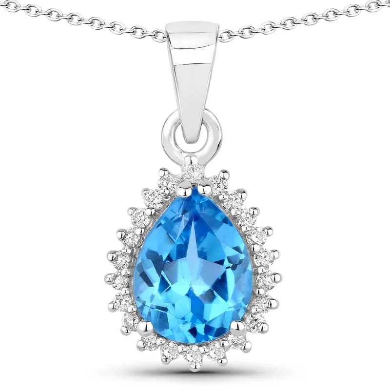 Genuine Swiss Blue Topaz and Lab Diamond Silver Pear Halo Necklace made by Zulily