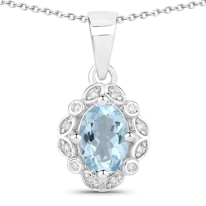 Genuine Blue Aquamarine and Lab Diamond Silver Halo Statement Necklace made by Zulily