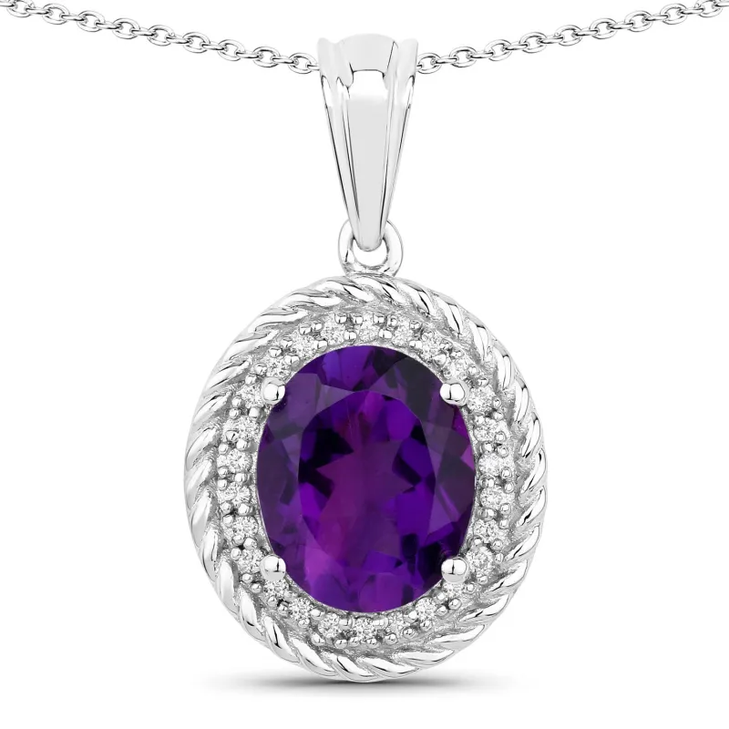 Genuine Amethyst and Lab Diamond Silver Oval Halo Necklace made by Zulily