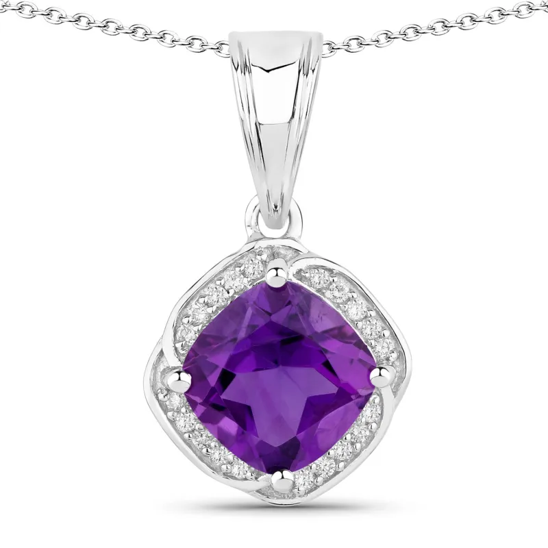 Genuine Amethyst and Lab Diamond Silver Cushion Cut Halo Necklace made by Zulily