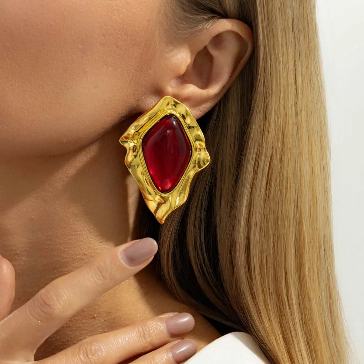 Red Resin & Goldtone Wrinkled Rhombus Stud Earrings sold by Zulily