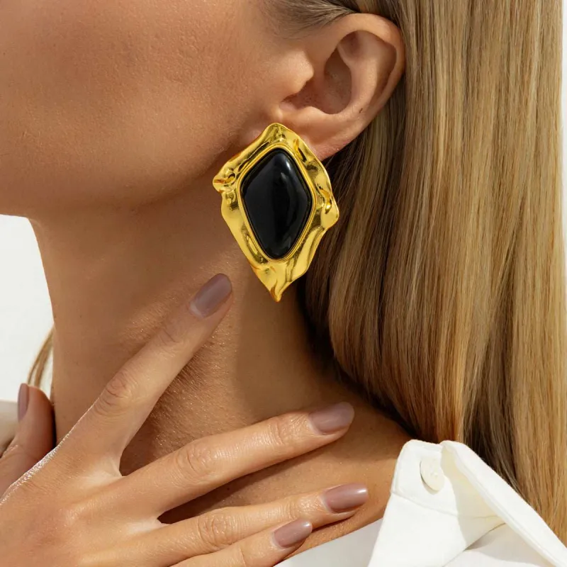Black Resin & Goldtone Wrinkled Rhombus Stud Earrings made by Zulily