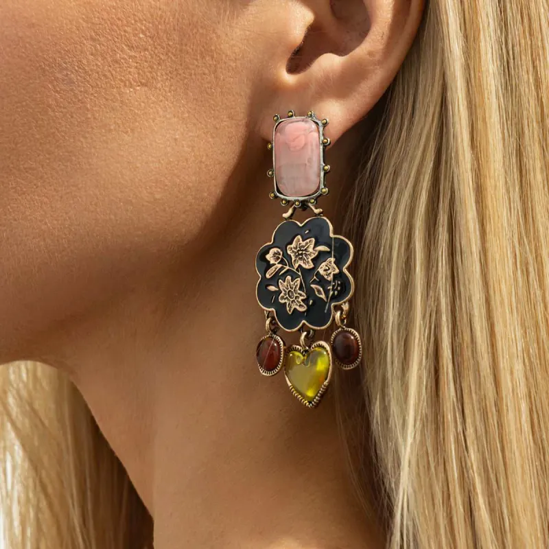 Resin & Black Enamel Goldtone Flower Tassel Dangle Earrings made by Zulily