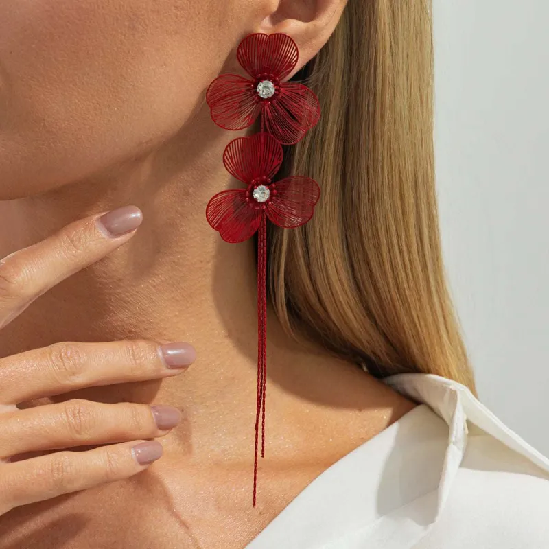 Cubic Zirconia & Red Enamel Netted Flower Tassel Dangle Earrings made by Zulily