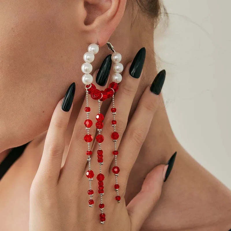 Red Acrylic & Pearl Silvertone Hoop Tassel Dangle Earrings made by Zulily