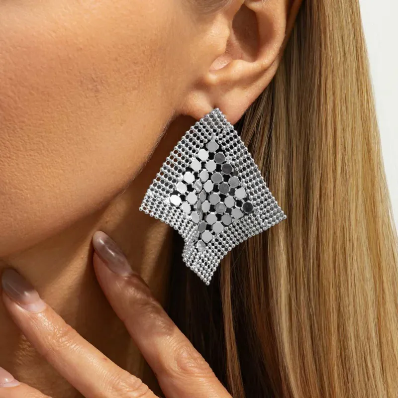 Silvertone Netted Sequins Rhombus Stud Earrings made by Zulily