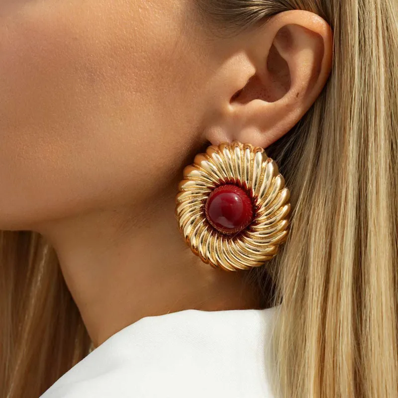 Red Resin & Goldtone Floral Round Stud Earrings made by Zulily