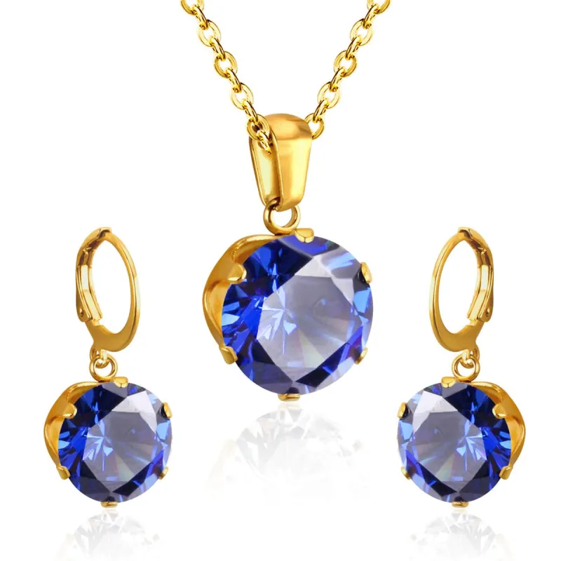 Blue Cubic Zirconia & Goldtone Huggie Earrings & Pendant Necklace made by Zulily