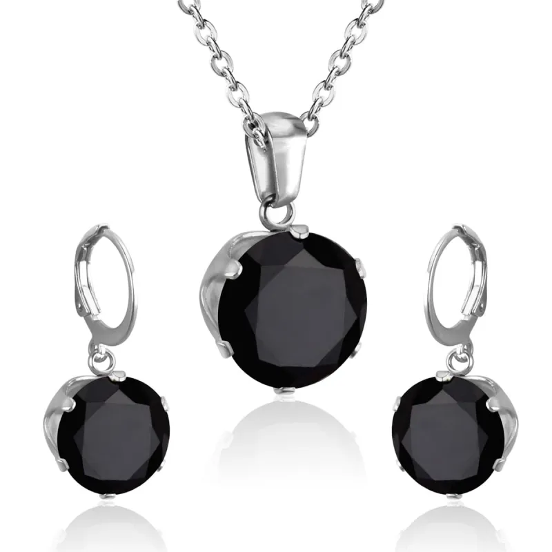Black Cubic Zirconia & Silvertone Round Pendant Necklace & Huggie Earrings made by Zulily