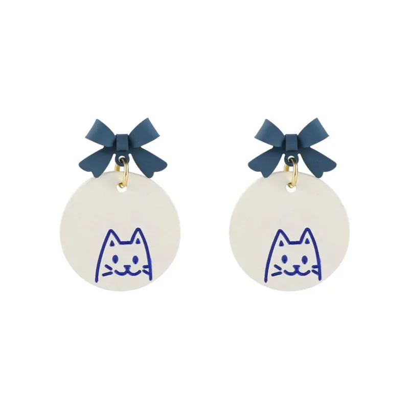 Blue Enamel Bow Cat Round Drop Earrings made by Zulily