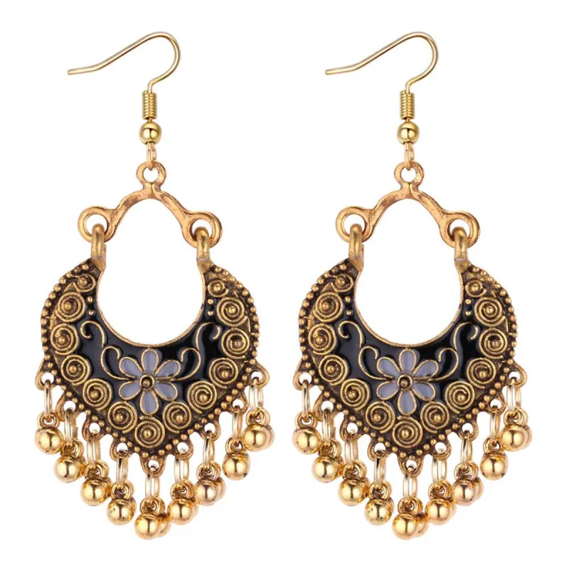 Black Enamel & 18K Gold Plated Ball-Detail Flower Drop Earrings made by Zulily