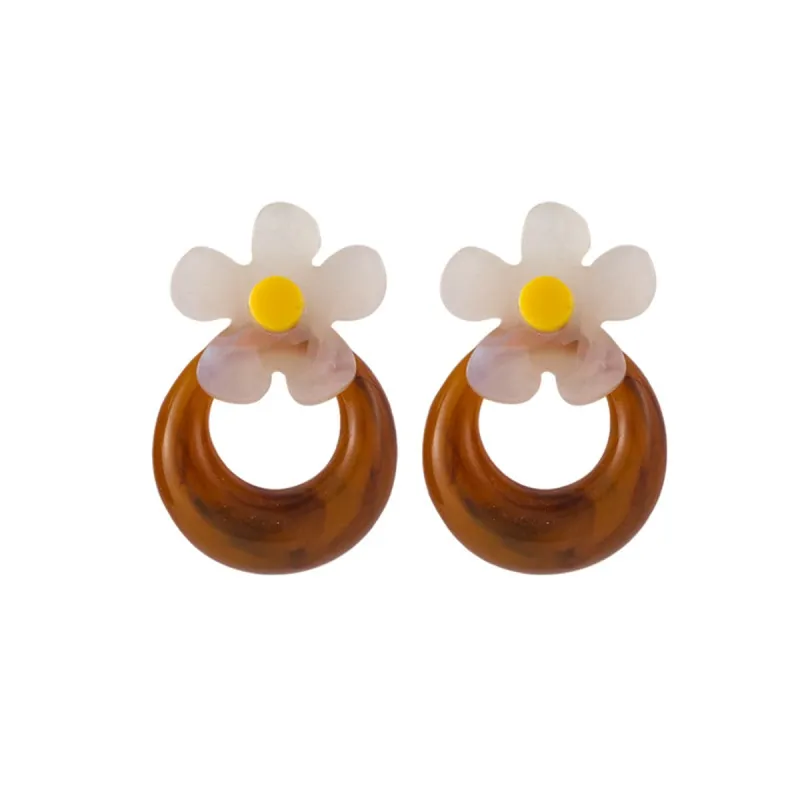 Brown & White Acrylic Floral Hoop Stud Earrings made by Zulily