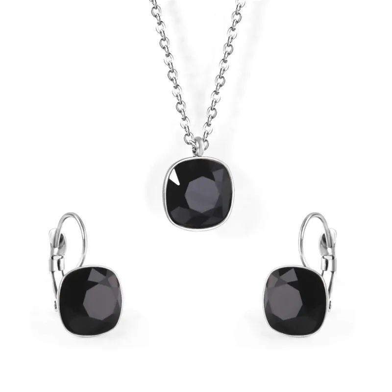 Black Crystal & Silvertone Square Pendant Necklace & Huggie Earrings made by Zulily