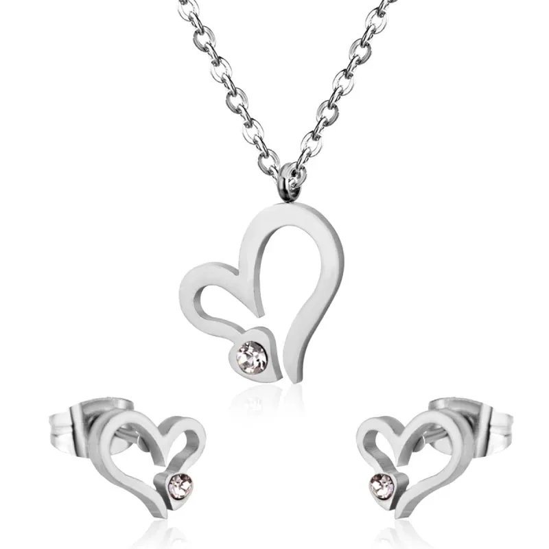 Clear Cubic Zirconia & Silvertone Heart Stud Earrings & Pendant Necklace made by Zulily