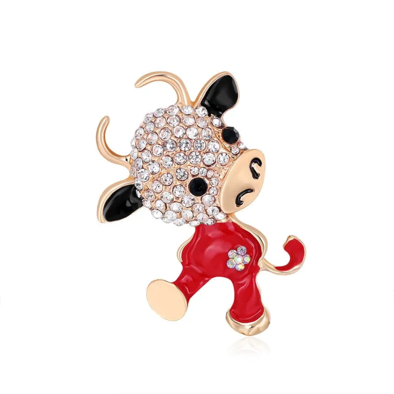 Clear Cubic Zirconia & Red Enamel Cattle Brooch made by Zulily