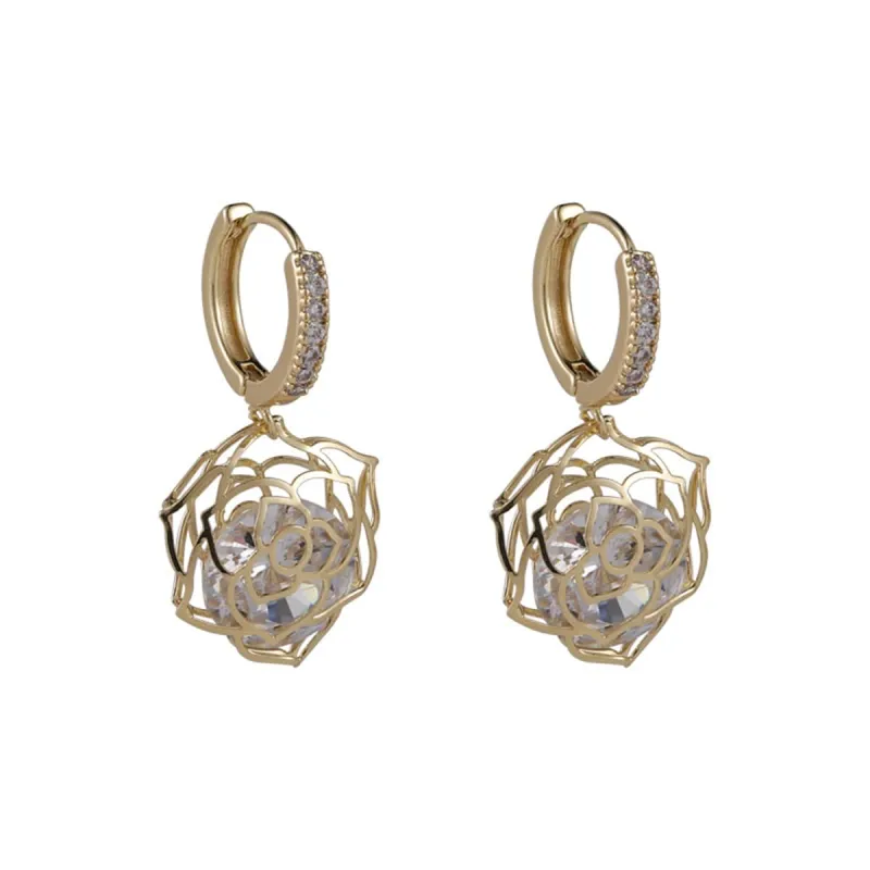 Cubic Zirconia & Goldtone Open-Rose Huggie Earring made by Zulily