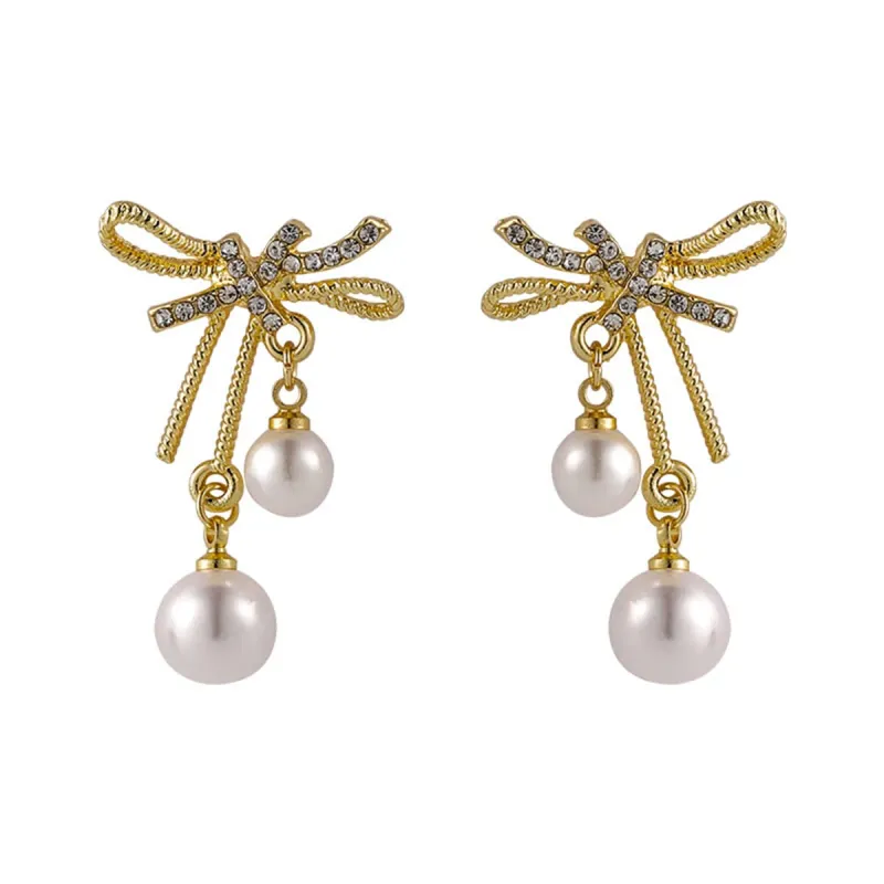 Cubic Zirconia & Pearl Goldtone Bow Ribbon Drop Earrings made by Zulily