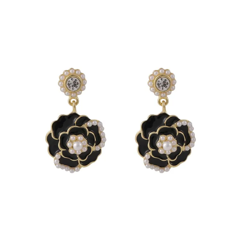 Cubic Zirconia & Pearl Black Enamel Goldtone Tiered Camellia Drop Earrings made by Zulily
