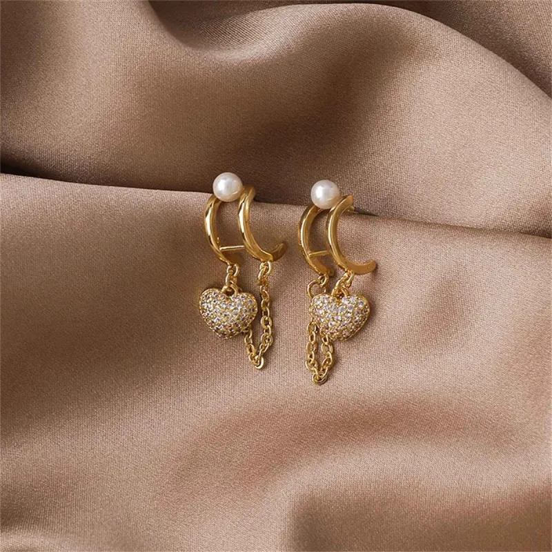 Cubic Zirconia & Pearl Heart Chain Huggie Earrings made by Zulily
