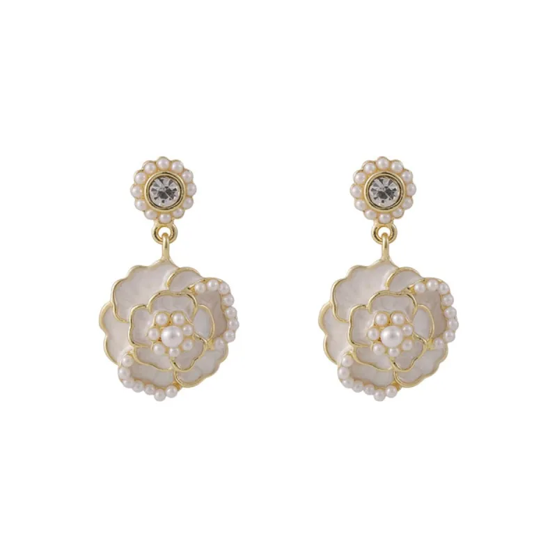 Cubic Zirconia & Pearl White Enamel Goldtone Tiered Camellia Drop Earrings made by Zulily