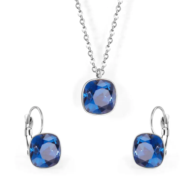 Dark Blue Crystal & Silvertone Square Huggie Earring Set made by Zulily
