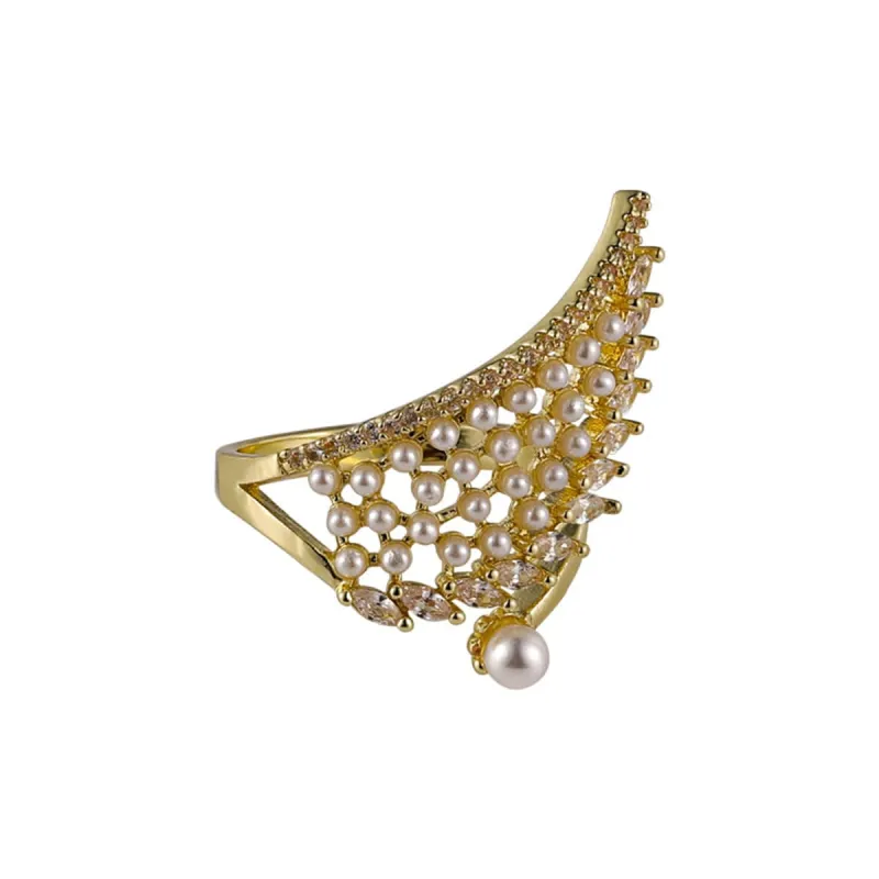 Cubic Zirconia & White Pearl Goldtone Wing Bypass Ring made by Zulily