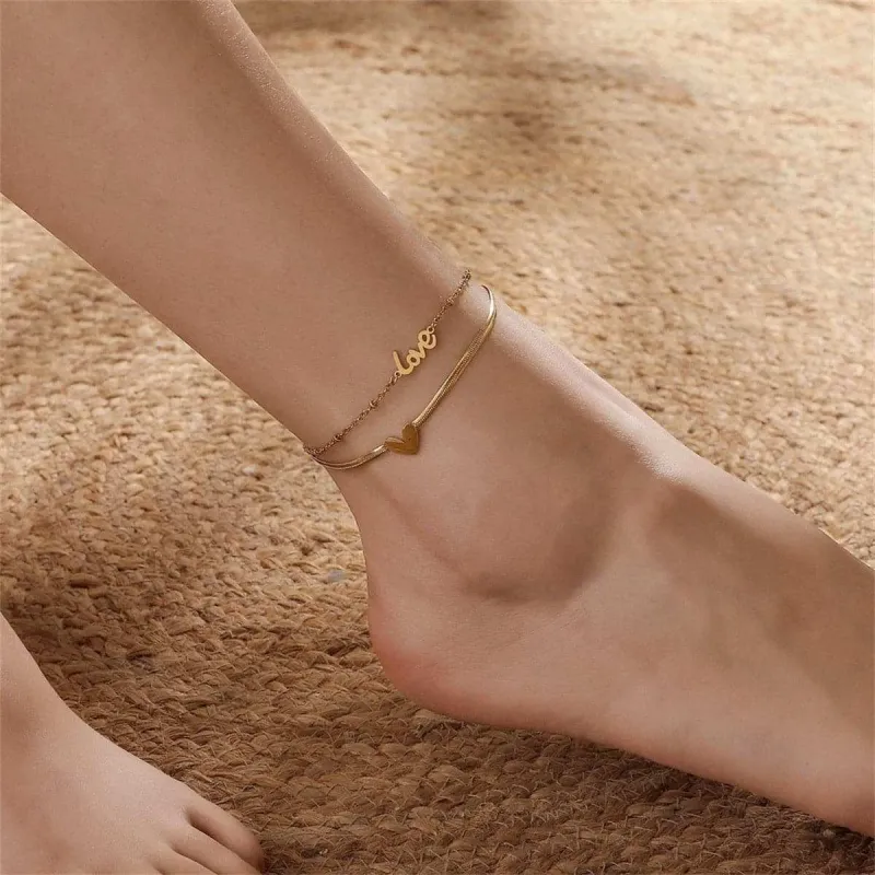 Goldtone Heart 'Love' Layered Anklet made by Zulily