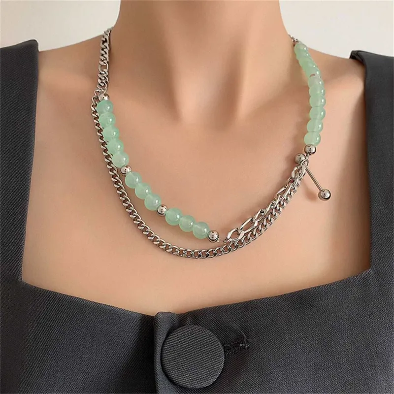 Jade & Silvertone Beaded Figaro Chain Layered Necklace made by Zulily