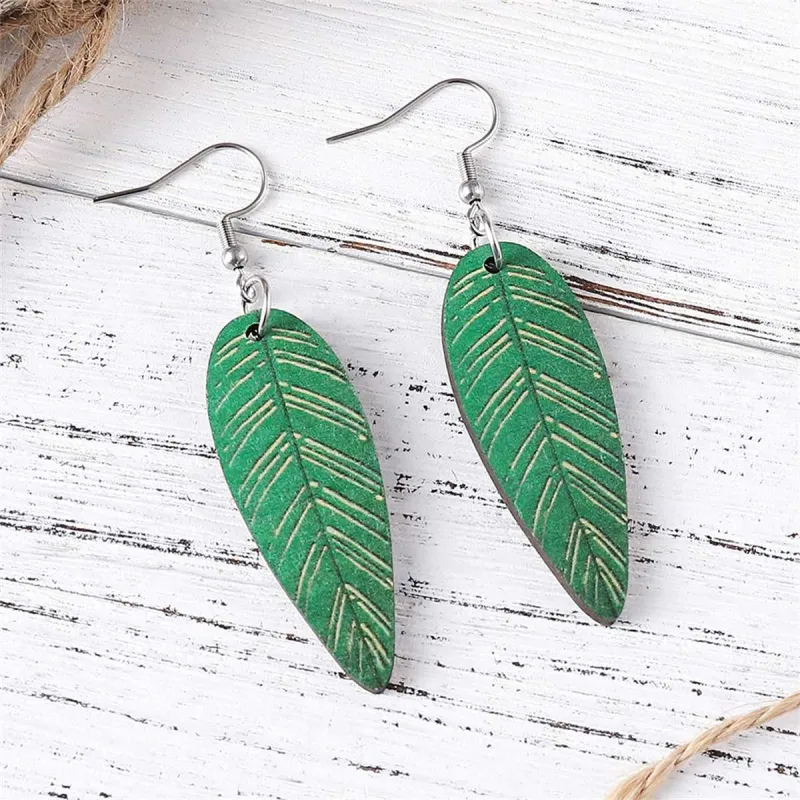 Green Wood & Silvertone Textured Leaf Drop Earrings made by Zulily