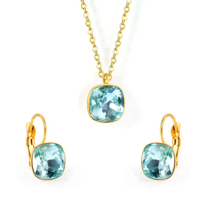 Lake Blue Crystal & Goldtone Square Huggie Earring Set made by Zulily