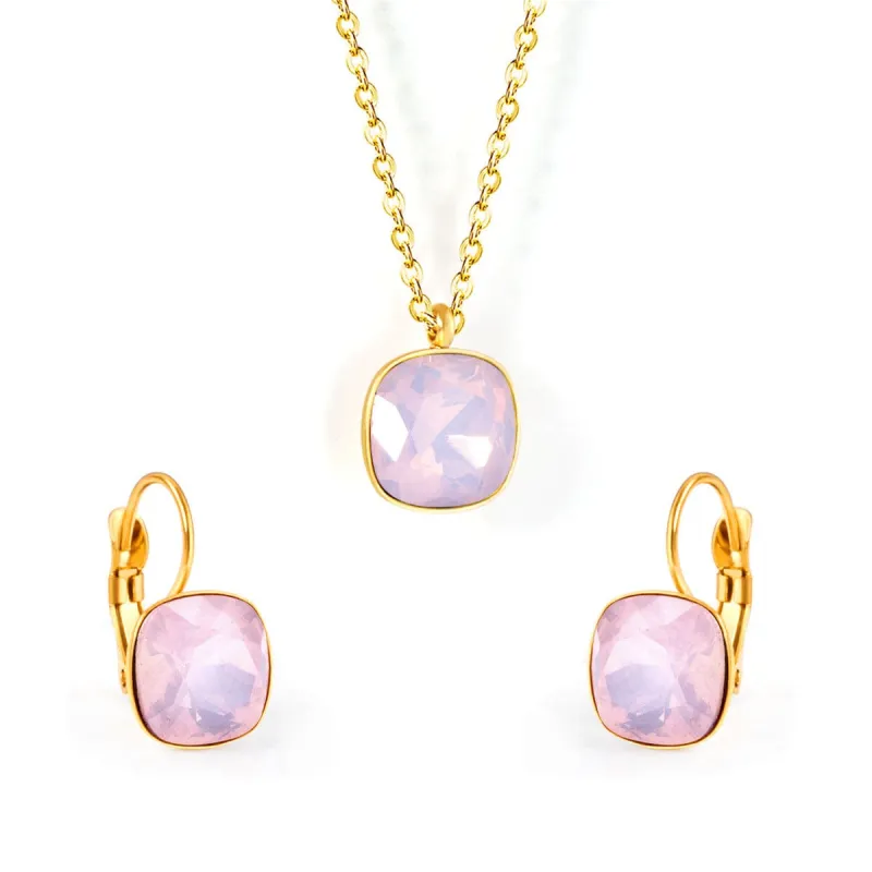 Light Pink Crystal & Goldtone Square Huggie Earring Set made by Zulily
