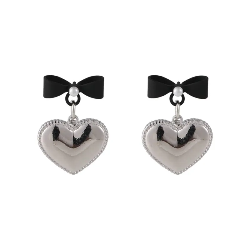 Pearl & Black Enamel Silvertone Bow Heart Drop Earrings made by Zulily