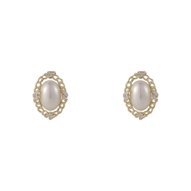 Pearl & Cubic Zirconia Goldtone Chain Oval Stud Earrings made by Zulily