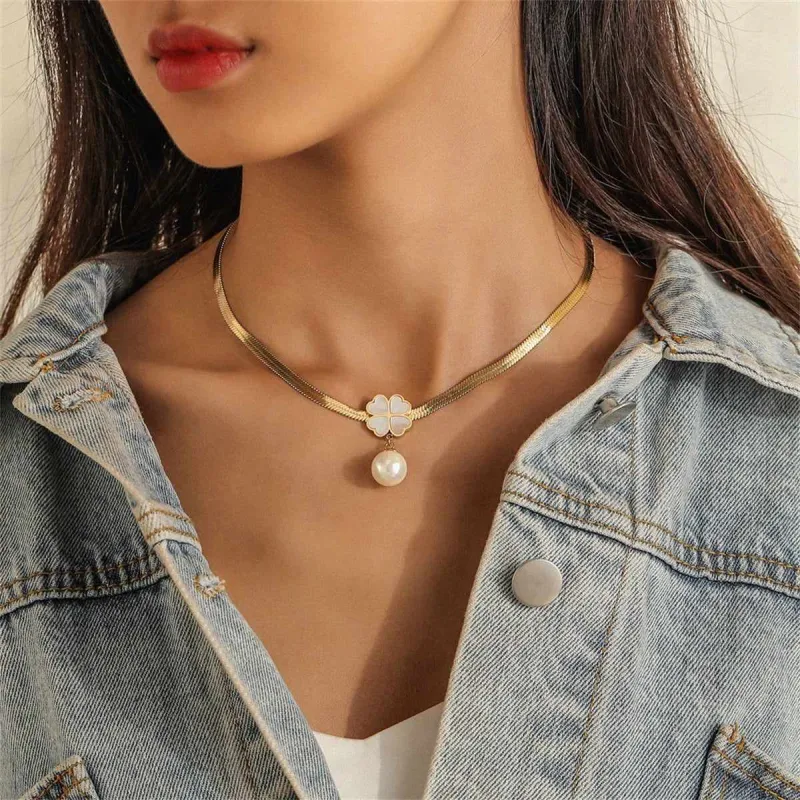 Pearl & Goldtone Snake-Chain Clover Pendant Necklace made by Zulily