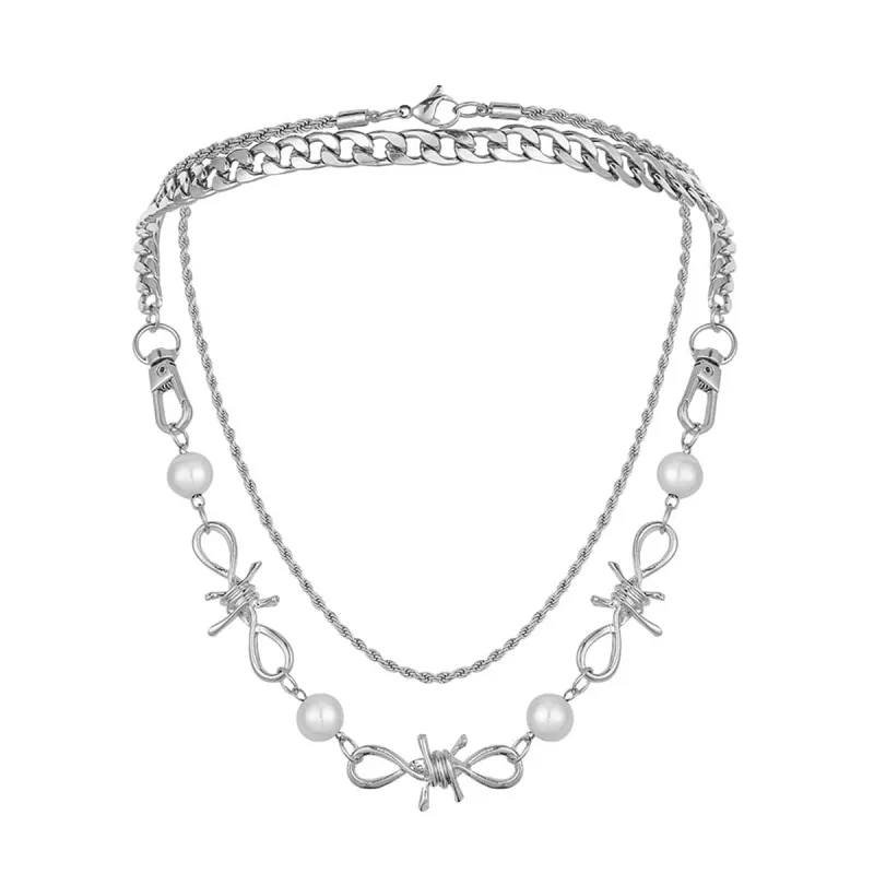 Pearl & Silvertone Curb Twine Thorns Station Necklace Set made by Zulily