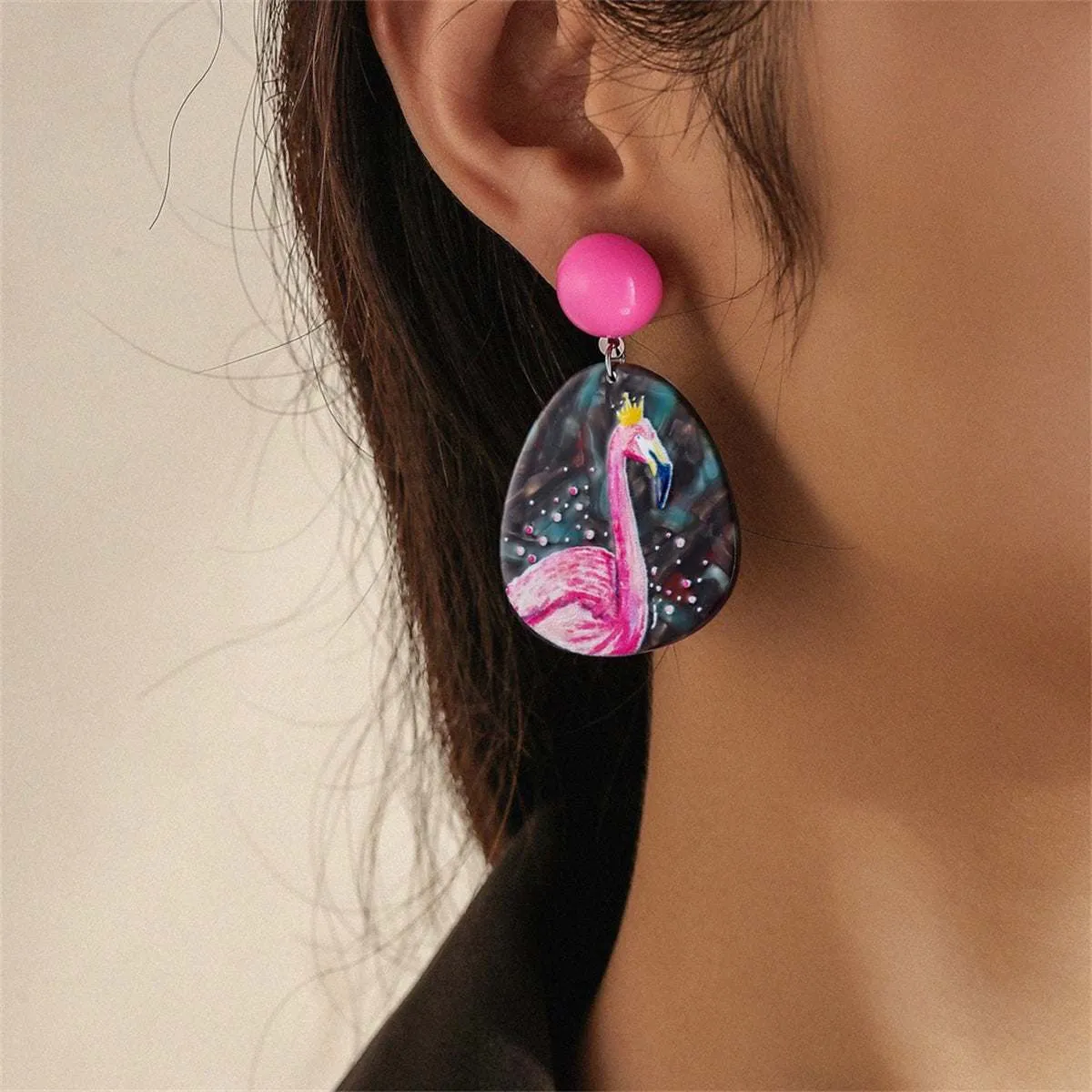 Pink & Black Flamingo Oval Drop Earrings sold by Zulily