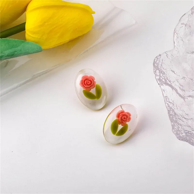 Pink & Green Rose Oval Stud Earrings made by Zulily